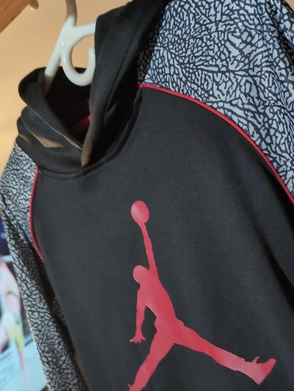 Jordan Black Hoodie with Pink/Red Jumpman and Gray Patterned Sleeves
